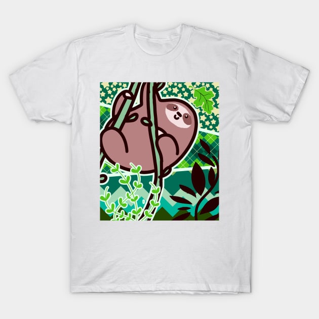 Vine Sloth with Green Patterns T-Shirt by saradaboru